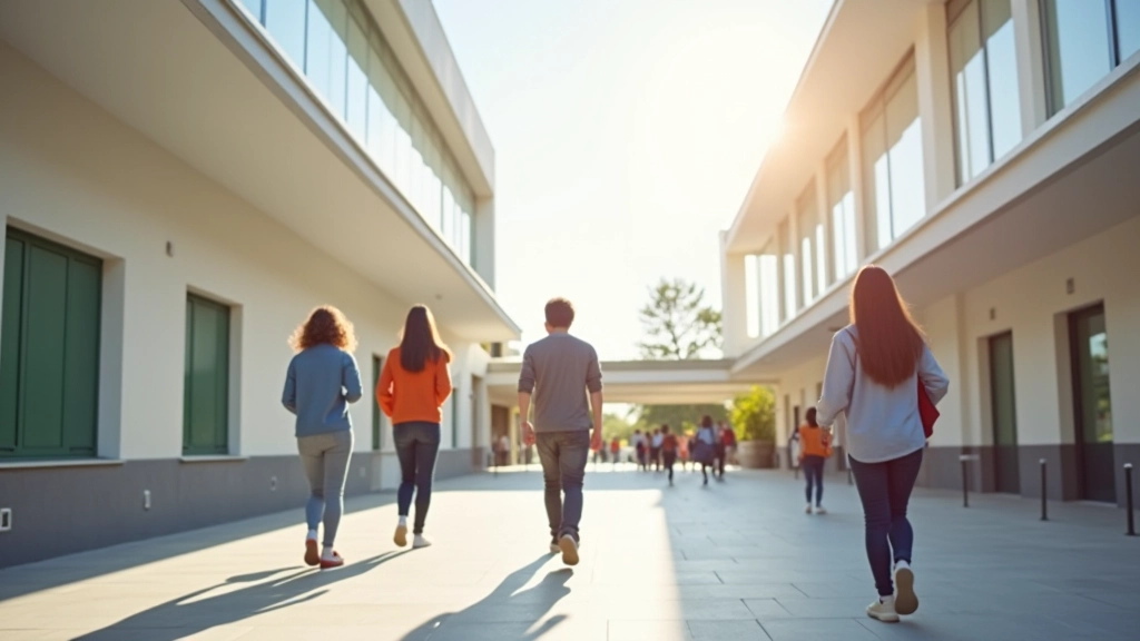 Moderna istituzione educativa con studenti che interagiscono con tecnologia digitale