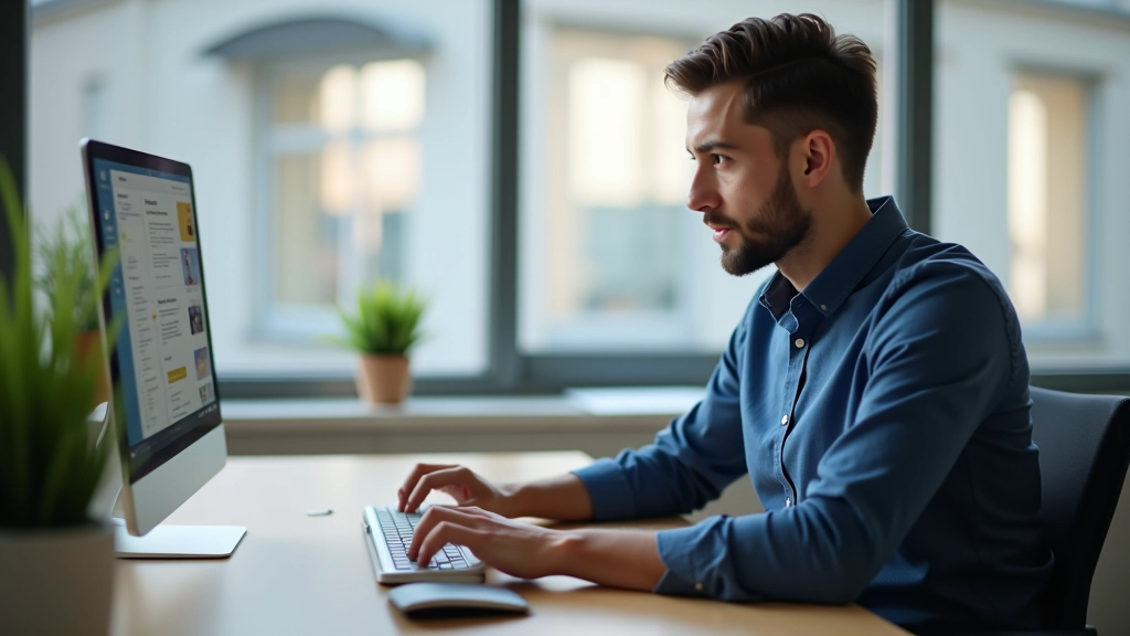 Mani di una persona che naviga un portale scolastico usando tastiera e lettore di schermo, in ambiente di lavoro moderno con monitor